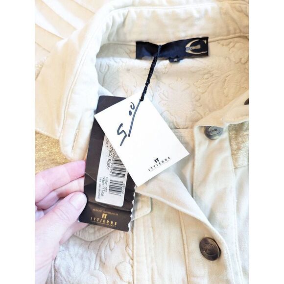 justcavalli cream/gold 6 pocket denim jacket button front sparkly back sz s nwt - Picture 8 of 8